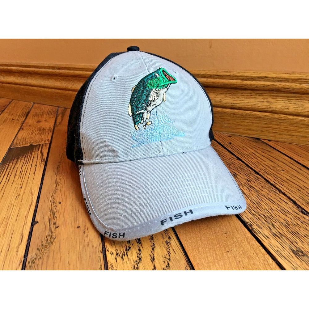 LARGE MOUTH BASS FISHING OUTDOOR SPORTS CAP HAT BLACK ANGLER ADJUSTABLE